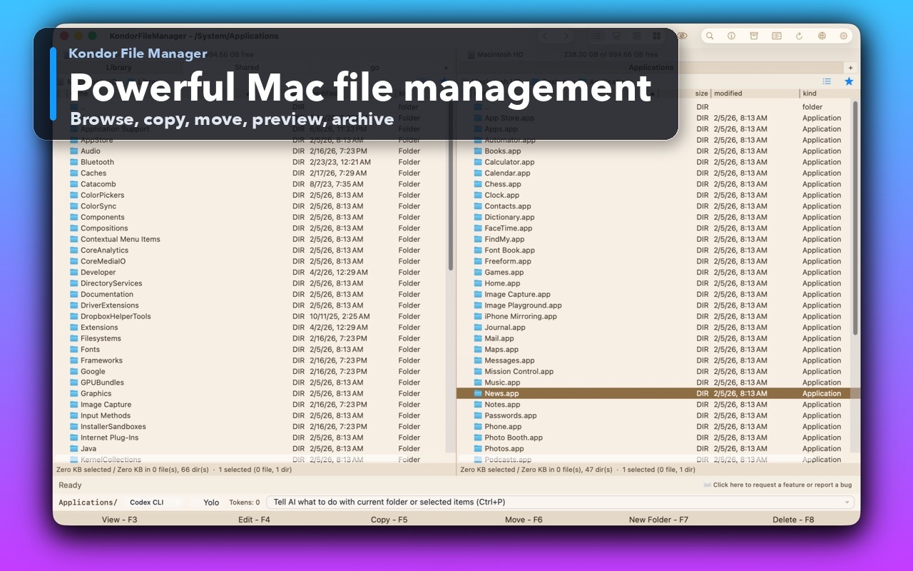 Kondor File Manager showing two detailed folder panes on macOS