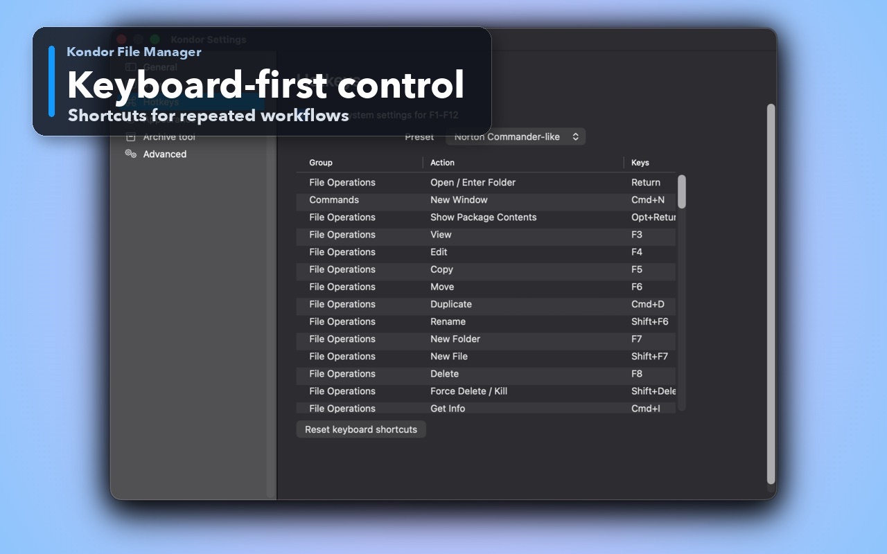 Kondor File Manager keyboard shortcut settings on macOS