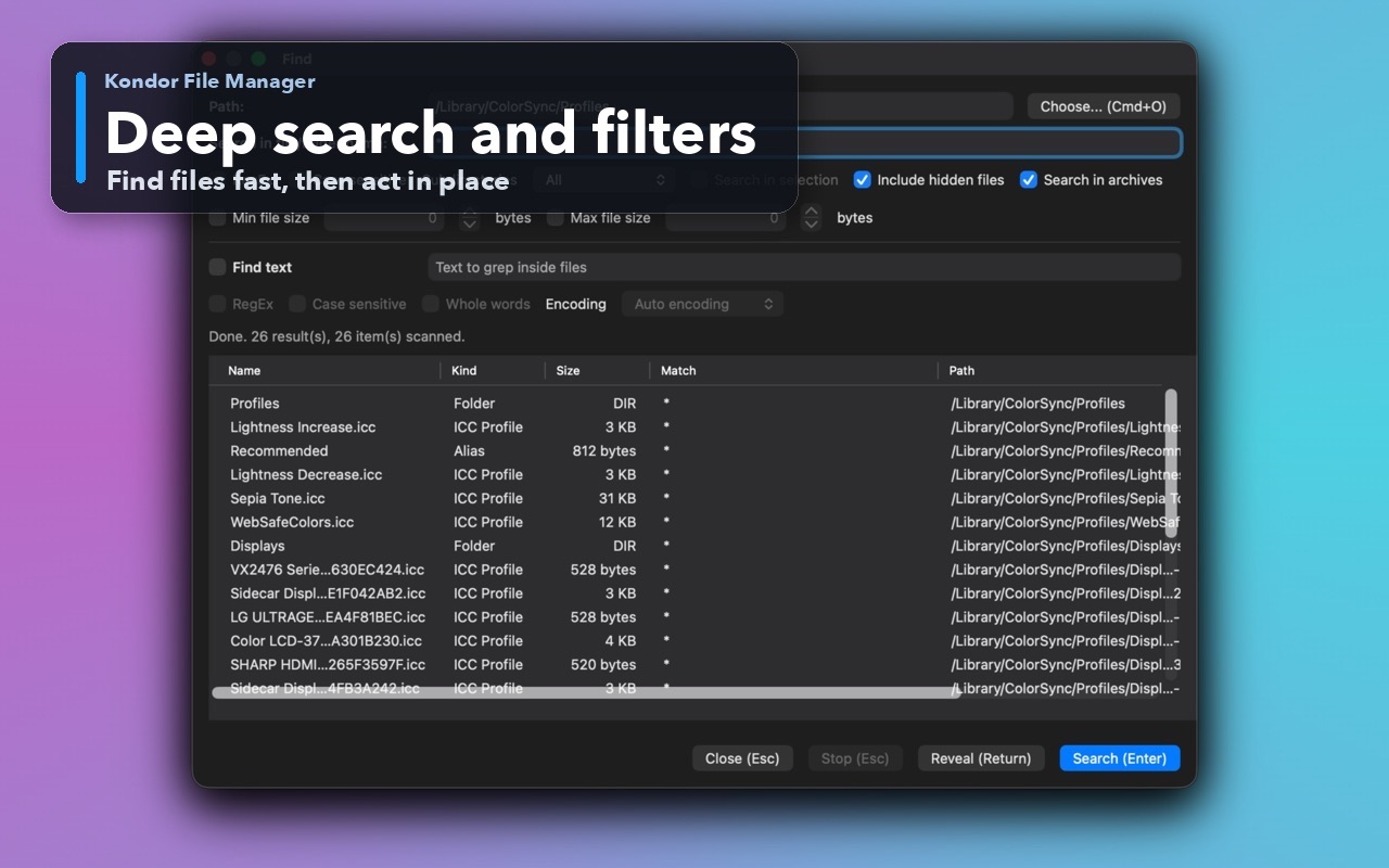 Kondor File Manager search dialog with filters and include hidden files option