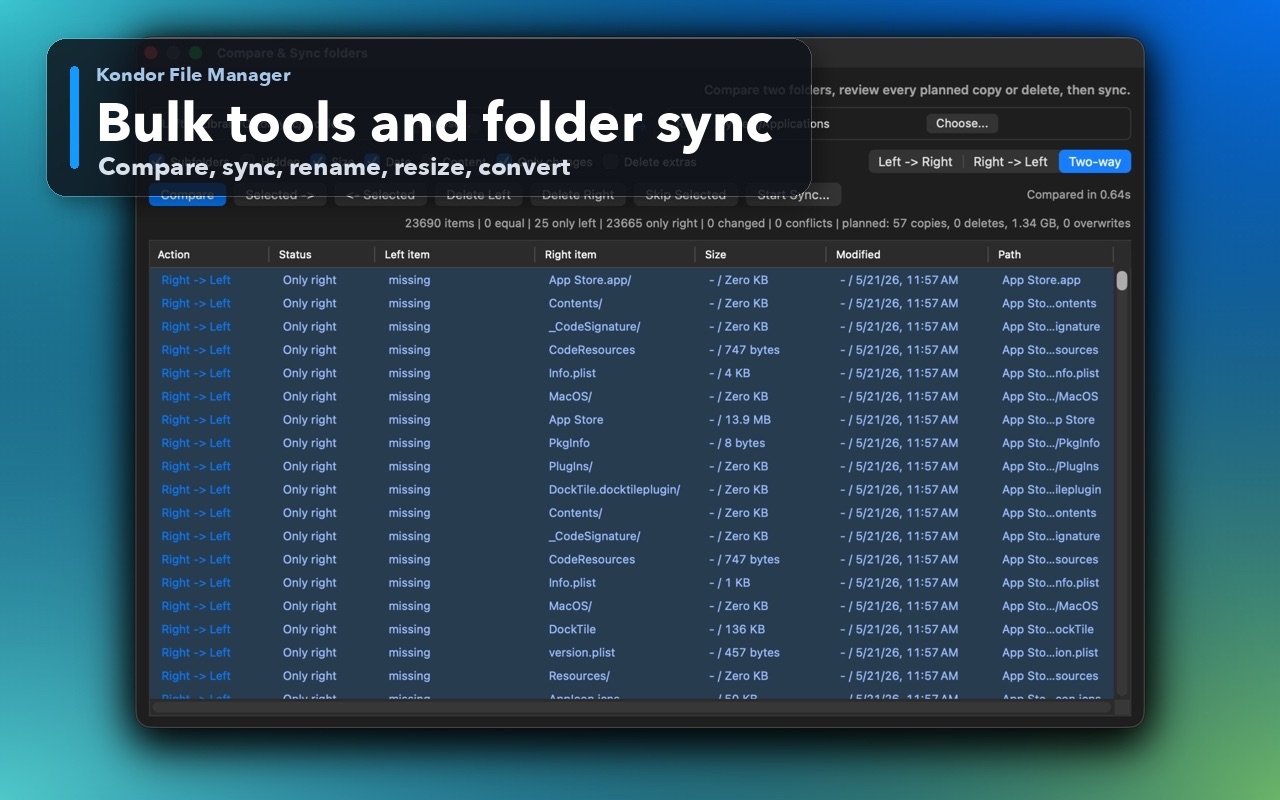 Kondor File Manager folder comparison and synchronization workflow