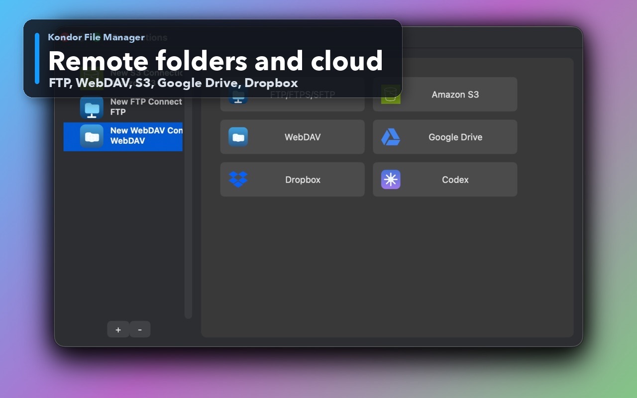 Kondor File Manager remote and cloud resource connections on macOS