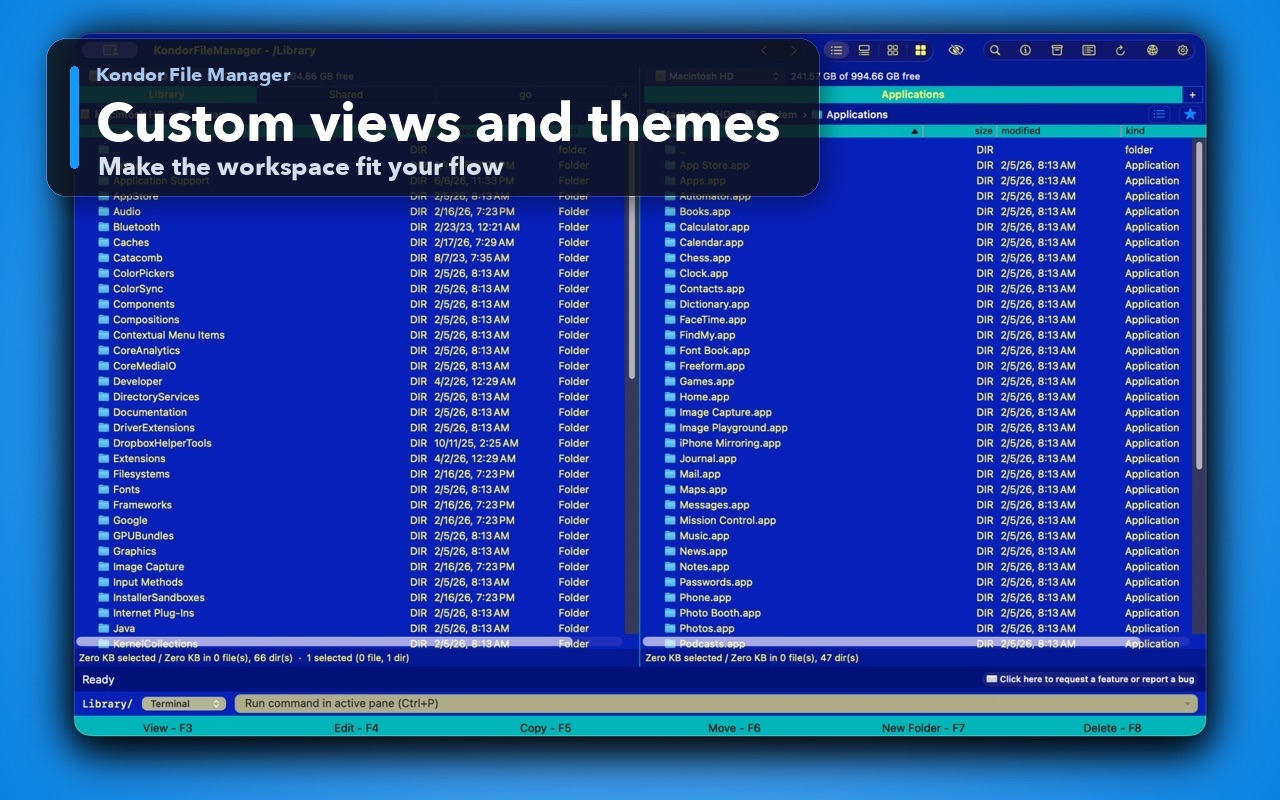Kondor File Manager custom view and theme settings